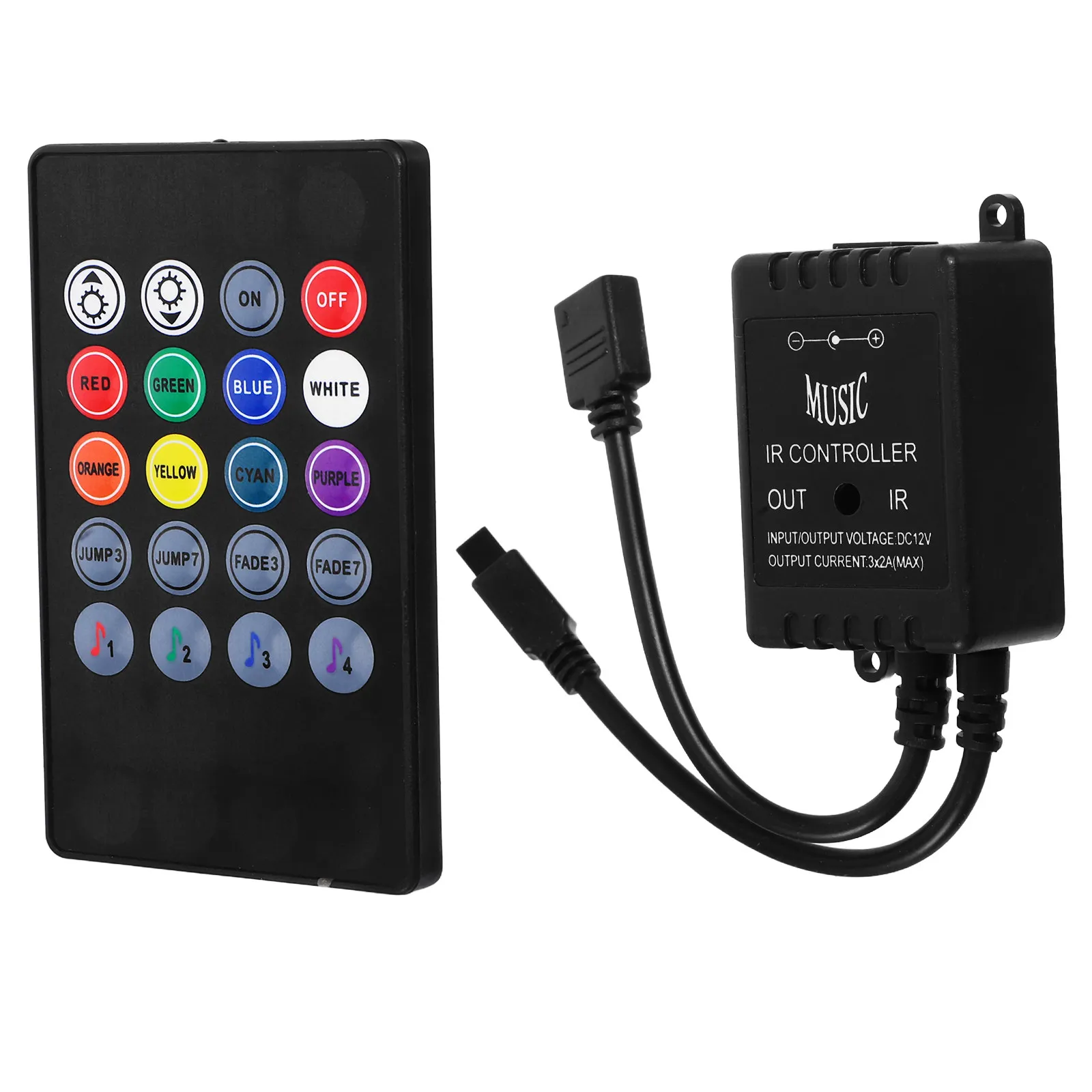 

Музыкальный LED-контроллер с 20-кнопочным ИК-пультом и звуковой активацией для гибких светодиодных лент 5050, 3528, 5630 и светильников Wall Washer