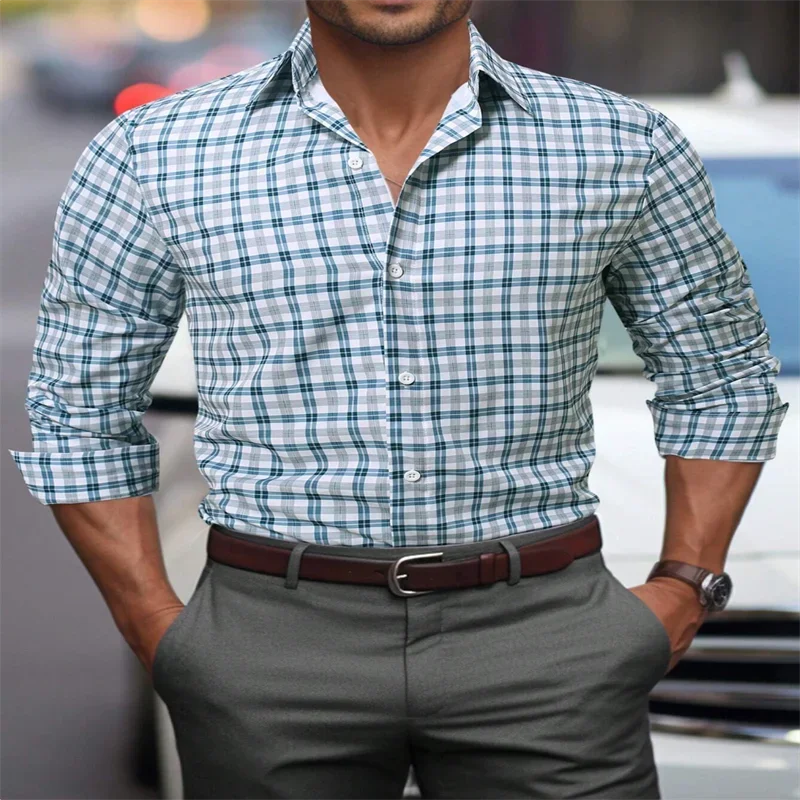 European and American luxury men's lapel button front open long sleeve plaid casual shirt festival, holiday shirt