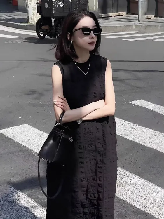 Francês sle solto cintura colete dr feminino redondo ne svel longo verão dr ele simples saia linha a peça única