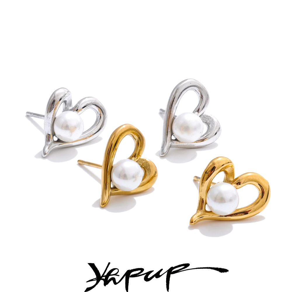 Yhpup Korean Style Simulated Pearls Heart Love Daily Stud Earrings for Women Stainless Steel Chic Versatile Jewelry New