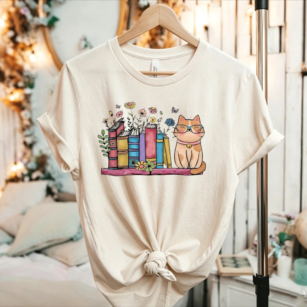 Book Lover Cat with Glasses Floral Bookshelf Graphic T Shirt Reading Cat Flower Butterfly Casual Bookworm Reader Cotton Tee Tops