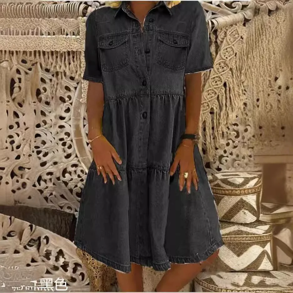 Vrouwen denim knoopjurk 2025, korte mouw, zak, midi-jeansrok, casual lente-zomer-outfit, vintage mode