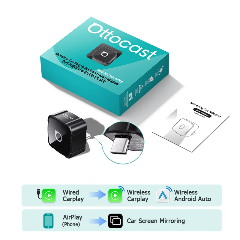 OTTOCAST MINI AIR Cube 4.0 Kabelloser CarPlay Android Auto 3-in-1 Adapter Bildschirmspiegelung Auto-Zubehör für Youtube Tiktok