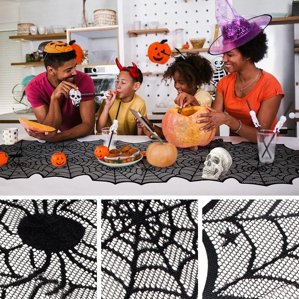 Halloween-Tischdecke, Spinnennetz-Tischläufer aus schwarzer Spitze für Halloween-Dekoration/Party-Dinner-Tischdekoration, 45 x 183 cm – Detail 3