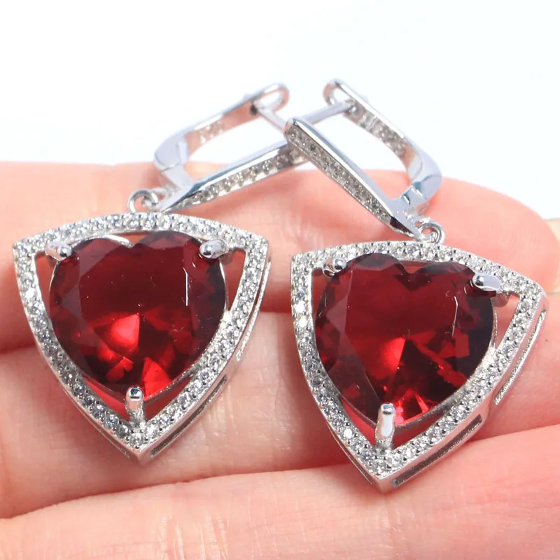 40x22mm High Trendy Polished Shiny Heart Shape Pink Raspberry Rhodolite Garnet White CZ 925 Solid Sterling Silver Earrings