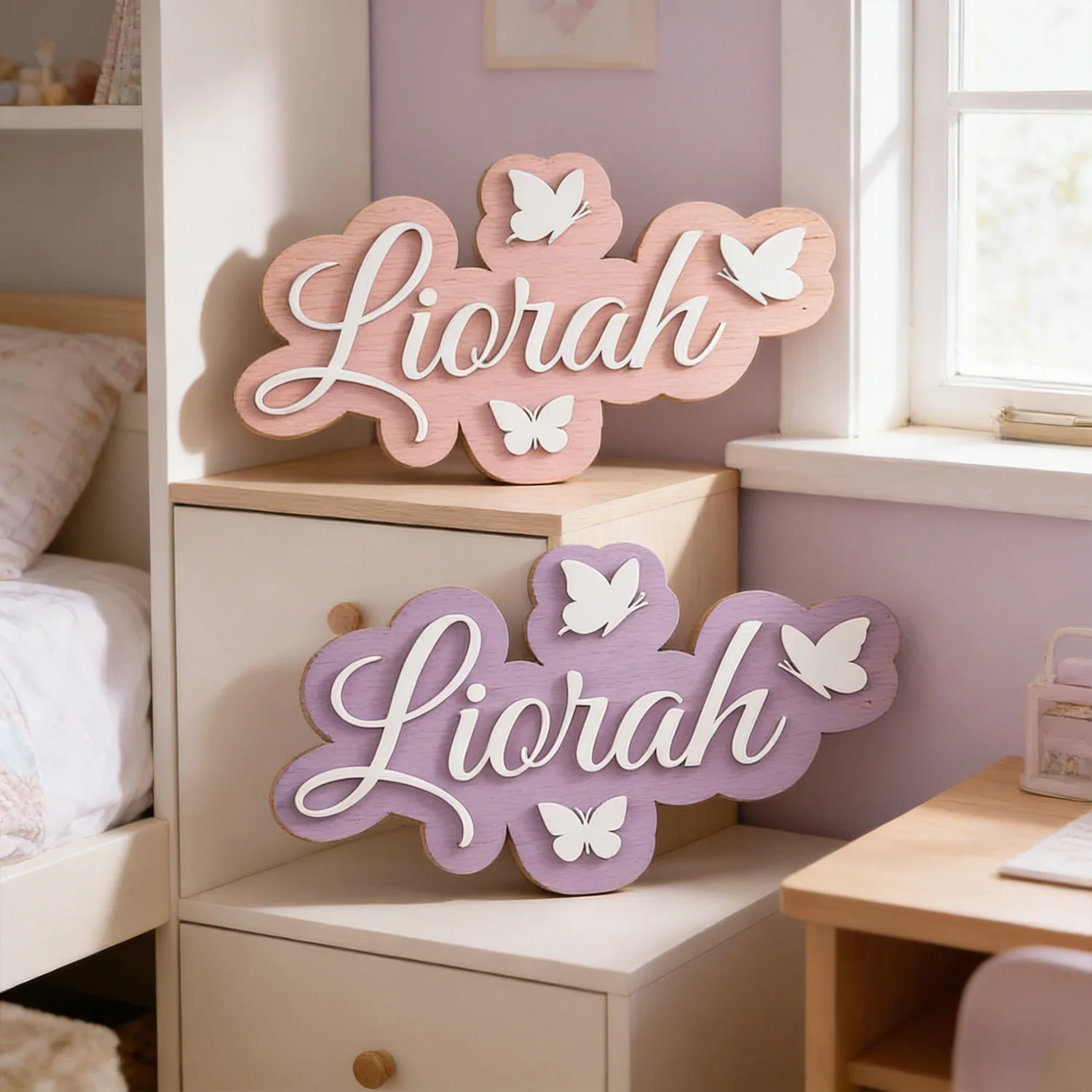 1 butterfly cloud wooden plaque with customizable name, children's room decoration, door name decoration,