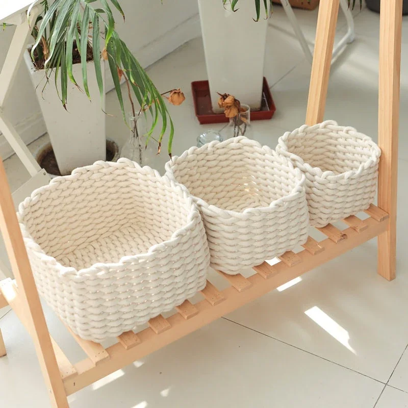 Hand-woven Storage Basket Home Sundries Woven Basket Cotton Rope Cosmetic Organizer Book Toy Desktop Storages Home Decor