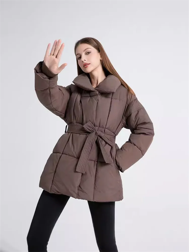 Mid to long cotton jacket with waist belt for women, winter new style down cotton jacket, designed with a sense of cotton jacket