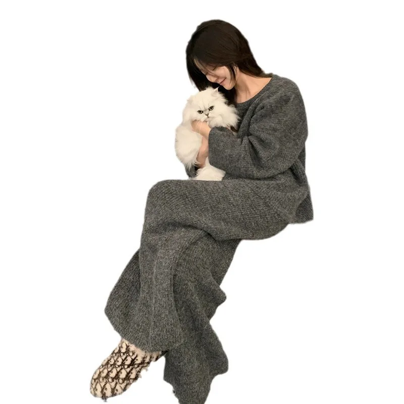 Conjunto de pijamas macios moda coreana feminina ao ar livre casa wear outono inverno casual malha em torno do pescoço pulôver calças conjunto de duas peças