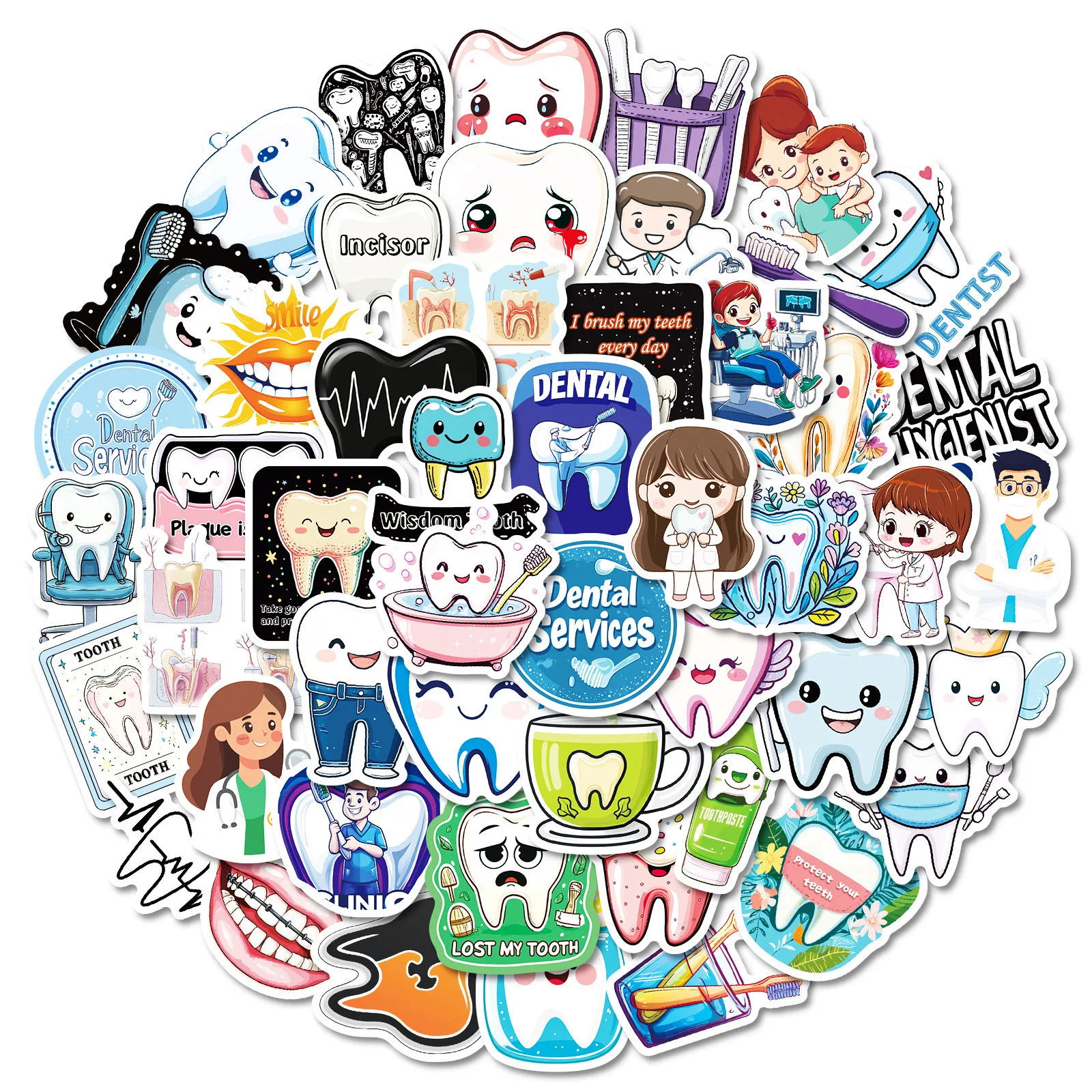 

10/50pcs Cute Funny Dental Tooth Shaped Stickers Cartoon Teeth Sticker Dentist Store Toothbrush Label Decoration Dentistry Gifts