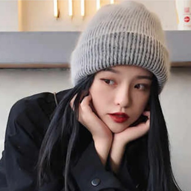 Soft Plush Ribbed Knit Beanie Hat Solid Color Cuffed Winter Skullcap Warm Stretchy Headwear for Daily Outdoor Cold Weather Wear