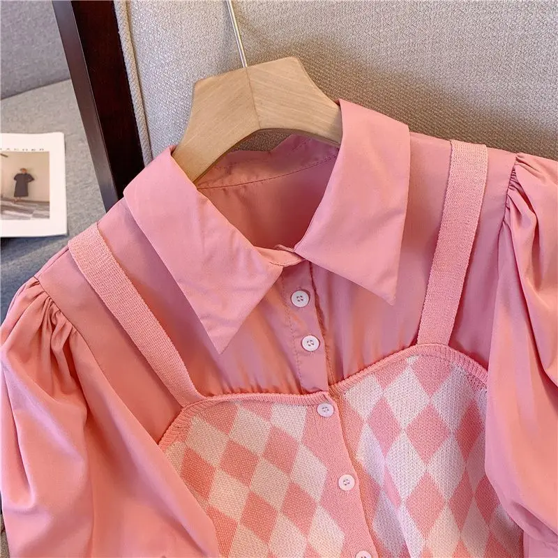 EBAIHUI Summer Fake Two-piece Women Short Sleeved Shirt Summer Short Puff Sleeve Ladies Blouse Korean Casual Lapel Neck Top 2024