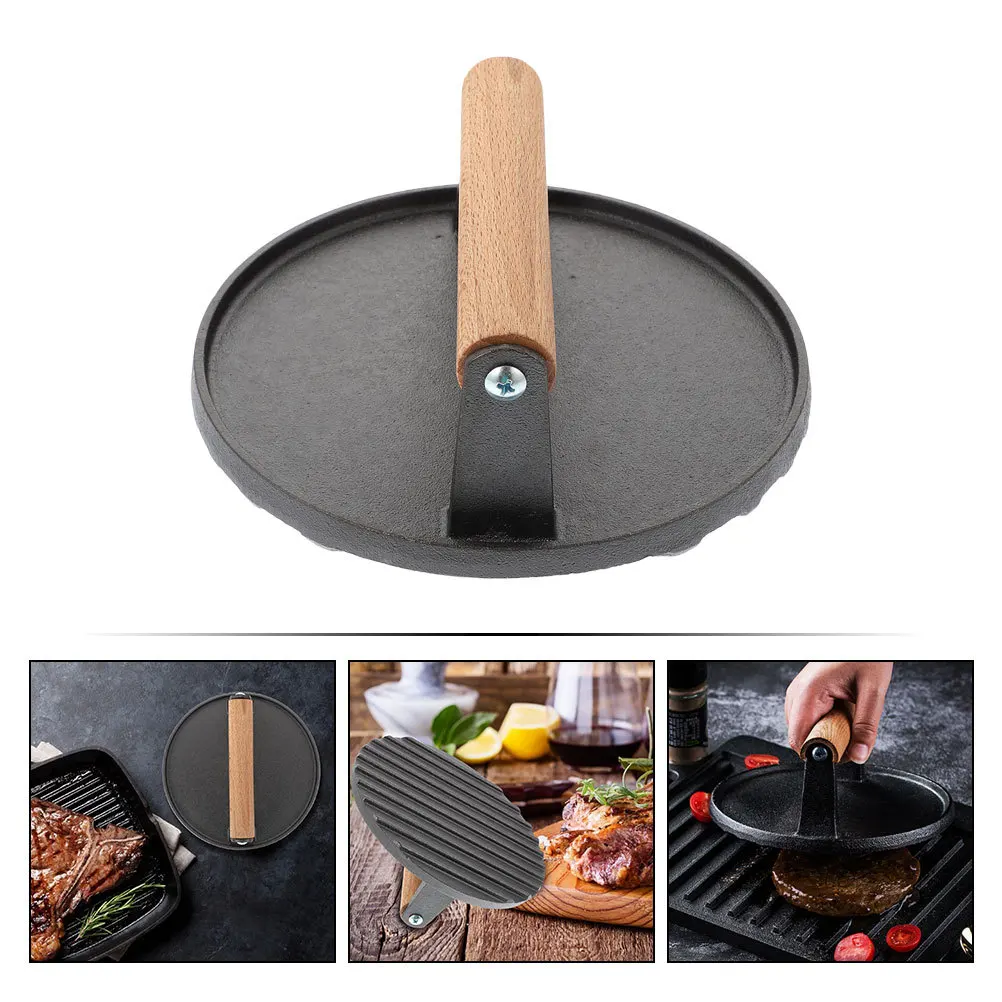 

Iron Burger Press Wooden Handle Round Grill Press Kitchen Burger Patty Maker Practical Nonstick Surface Durable Kitchen