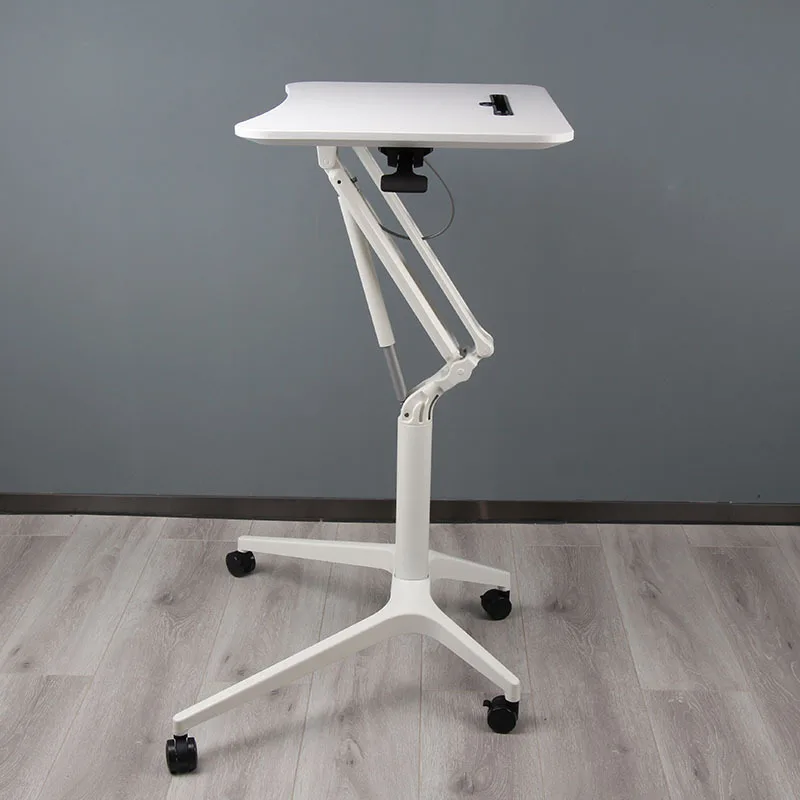 

White Wheeled Office Lifting Folding Pneumatic Mobile Computer Study Standing Aluminum Table Rack Lecture Table