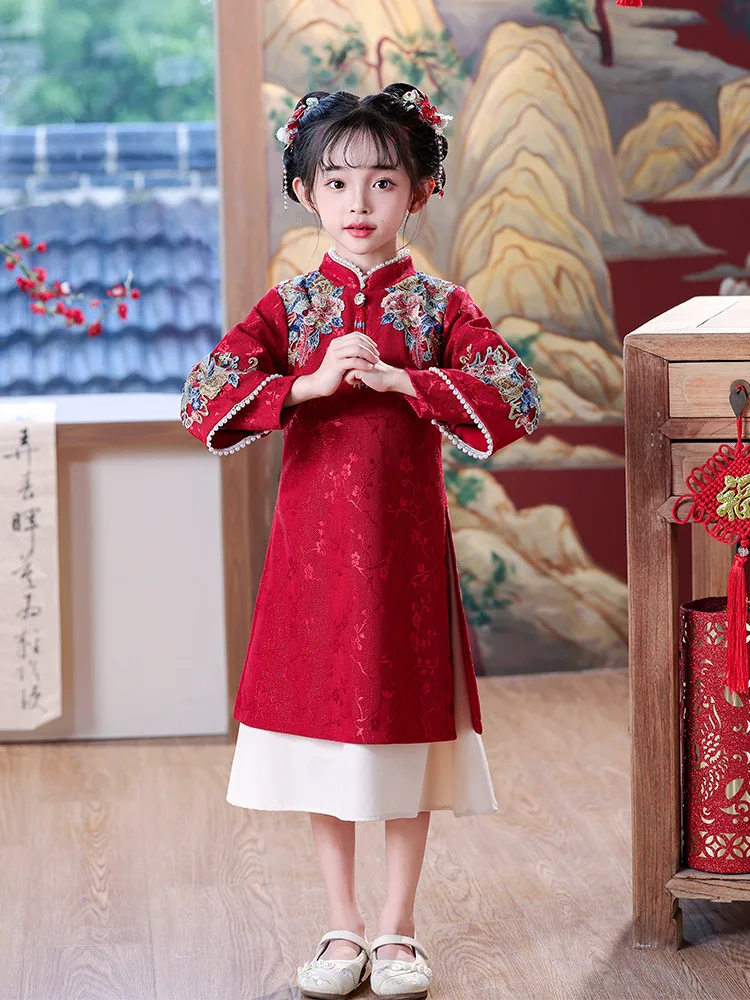 Robe de Bal pour Fille, Tenue de Soirée, de Mariage, à Fleurs, Tradition Alberoise, Cheongsam, Rouge, pour Nouvel An