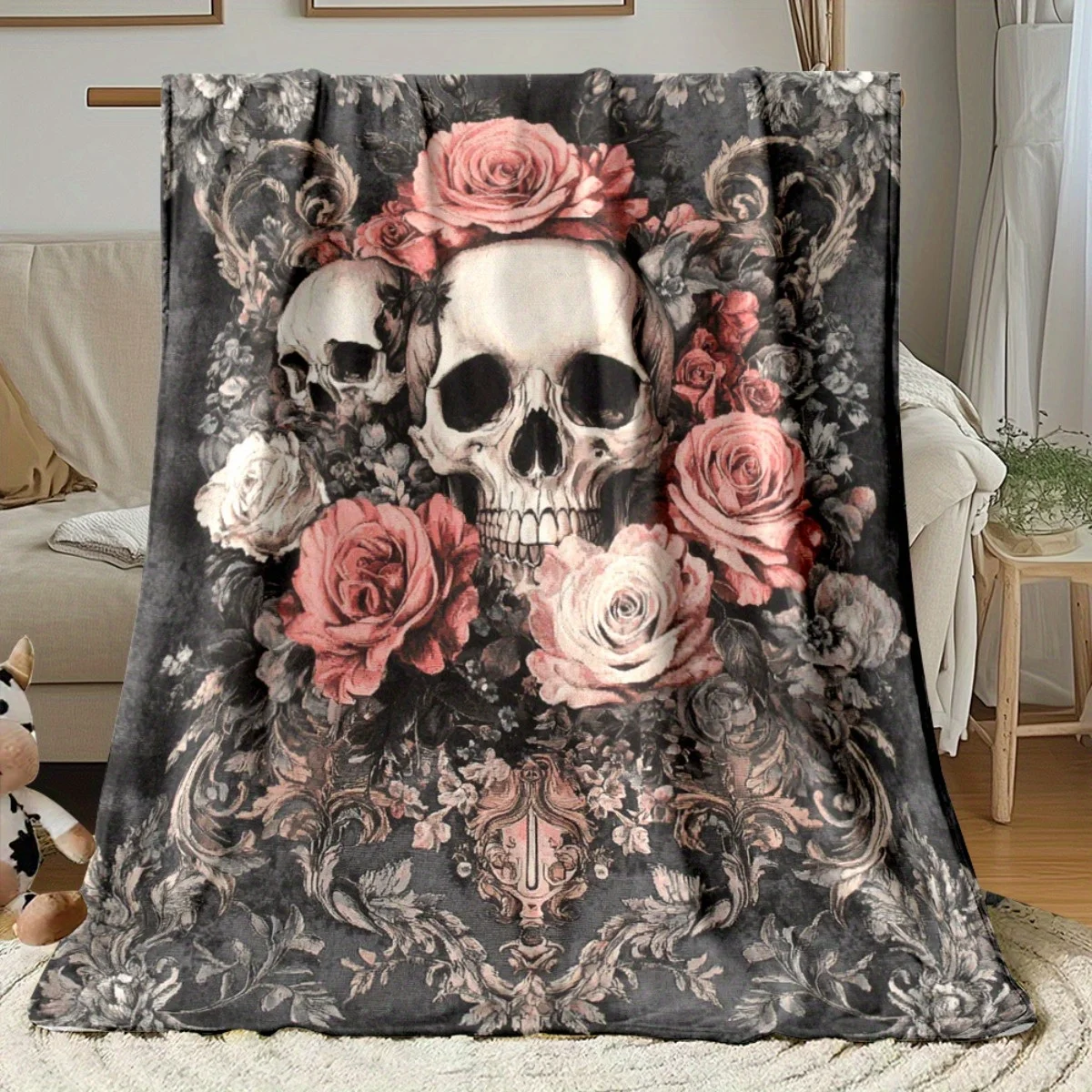 Gothic Floral Skull Pink Roses White Skulls Dark Aesthetic Art Pattern Throw Blanket for Sofa Bed Living Room Home Decor