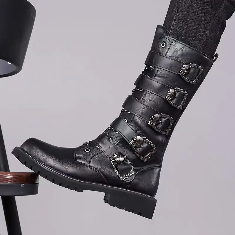 

Мужская мода, высокие мотоциклетные ботинки для сцены, ночного клуба, черные оригинальные кожаные туфли, ковбойские дизайнерские ботинки на платформе, длинные рыцарские ботинки