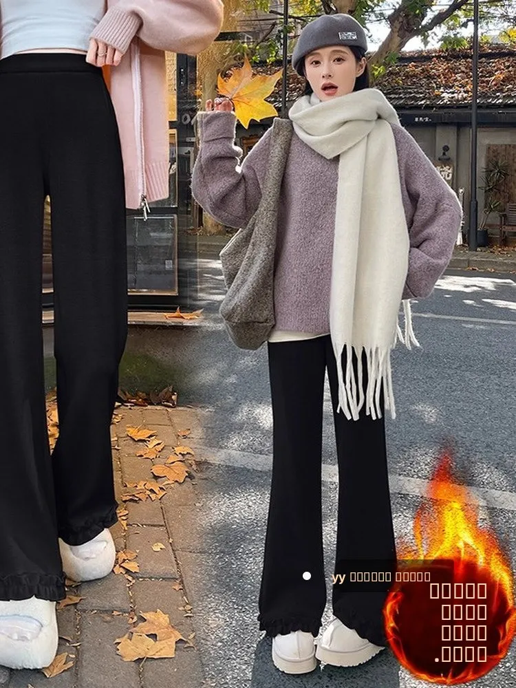 

Расклешенные брюки с высокой талией, женские трикотажные длинные брюки с подкладкой, длинные брюки из копыта, деревянные зимние новые повседневные брюки...