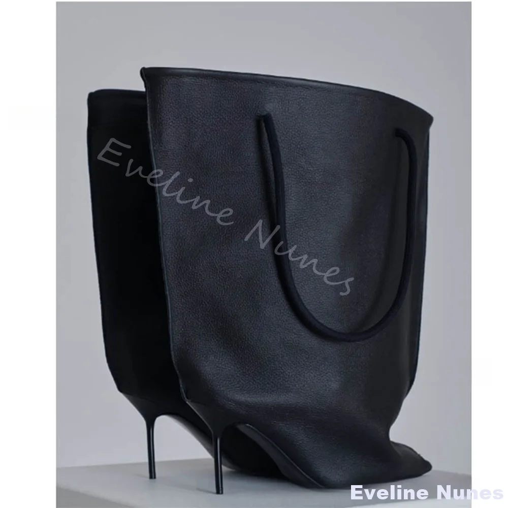 واسعة الساق فضفاضة باليد أحذية طويلة النساء الأحمر الجلود خنجر كعب أشار تو الانزلاق على بنطلون الأحذية السوداء تصميم الأزياء الأحذية #2