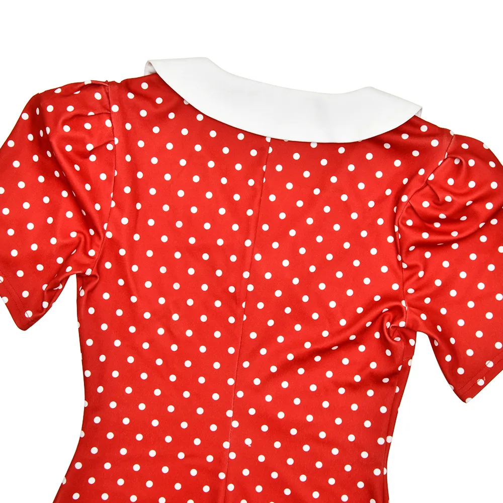 فستان نسائي مرقع برقبة على شكل حرف V مطبوع عليه نقاط البولكا فستان أحمر قصير الأكمام بخصر عالٍ فستان صيفي نحيف أنيق للحفلات والنوادي