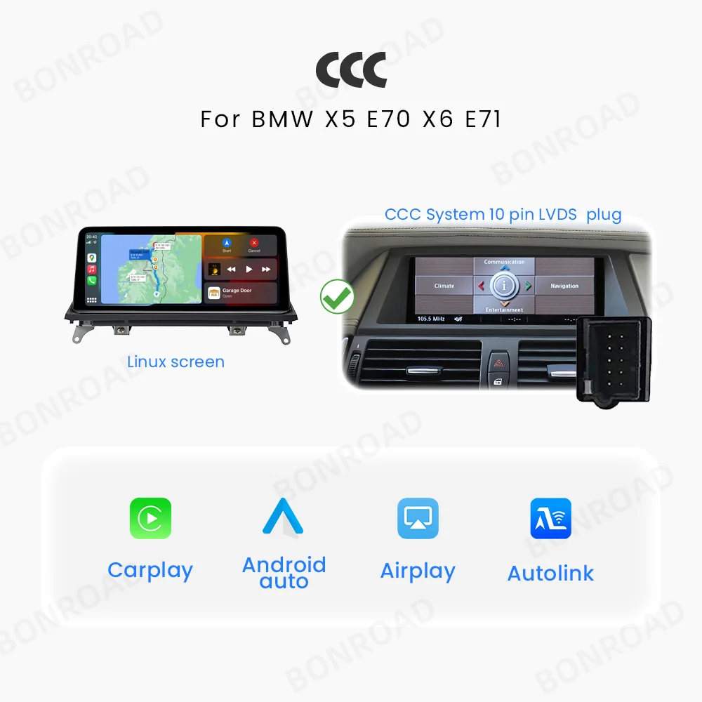 BONROAD Draadloze CarPlay Android Auto autoradio multimediasysteem touchscreen voor BMW X5 E70 X6 E71 CCC CIC navigatie head unit - afbeelding 1