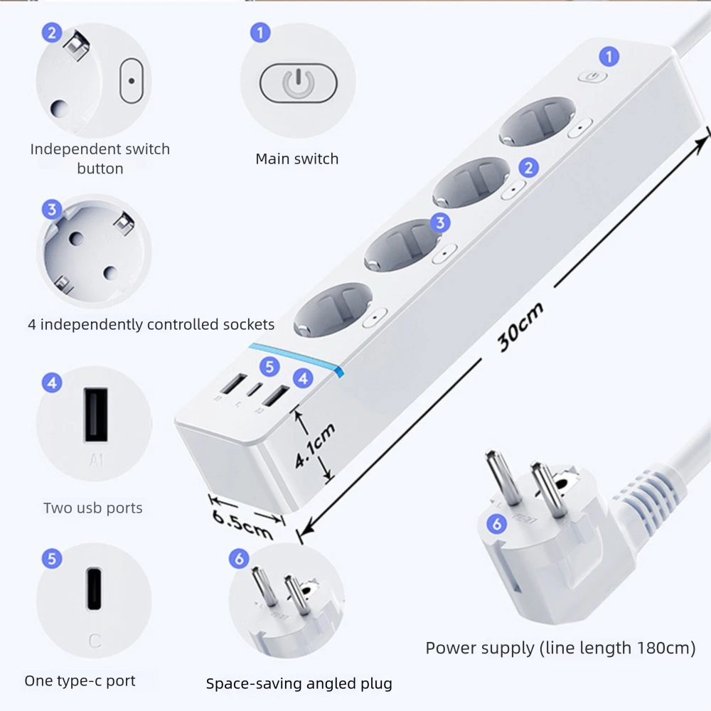 BORUIDAPLS EU WiFi Tuya Smart Power Strip PD30W Energy Monitor Overload Protect Remote Timing Voice Independent Control Socket