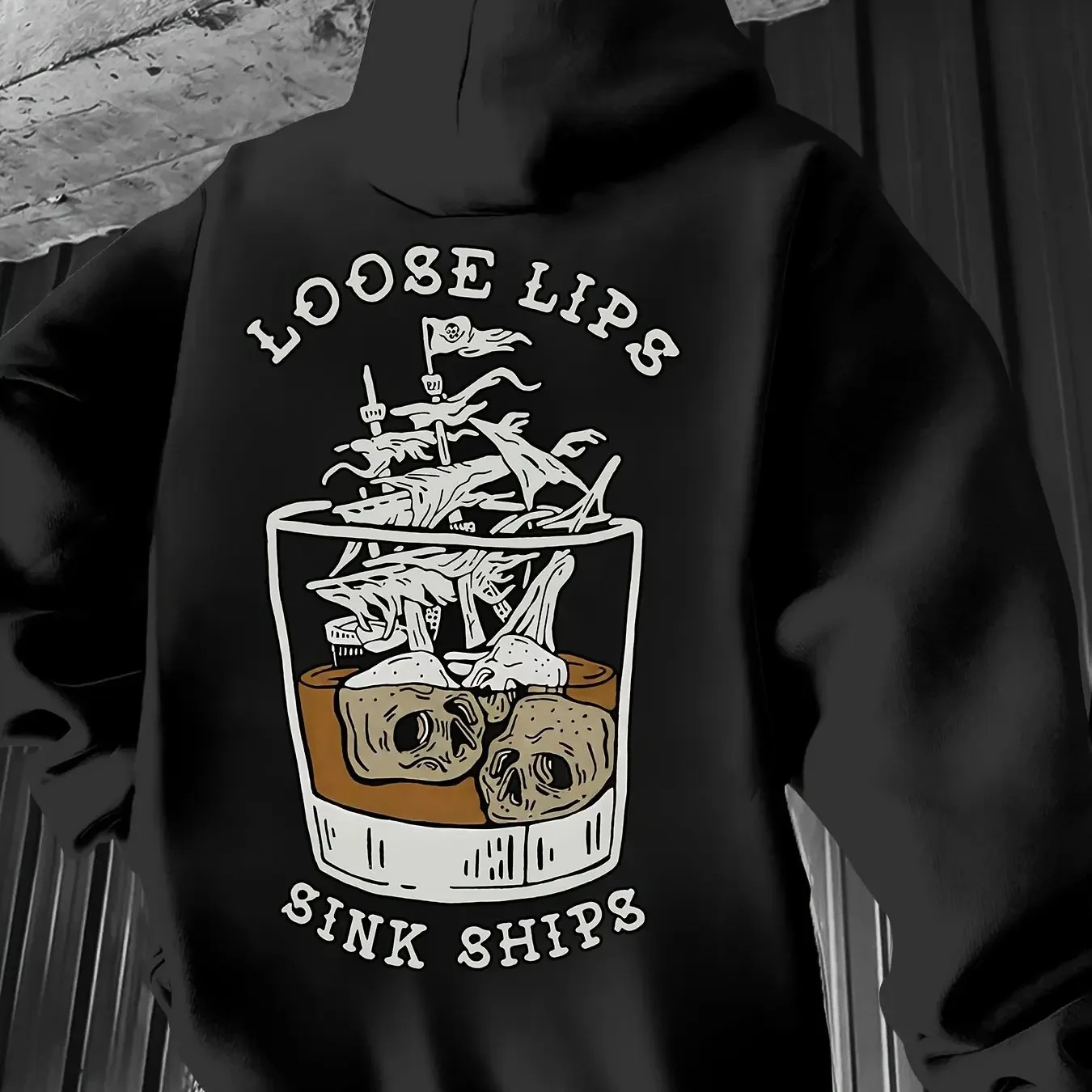 Men's Autumn/Winter Warm Hooded Sweatshirt with RetroTattooStyleSkull Sailboat Whiskey Glass Slogan Print Daily Commute Pullover