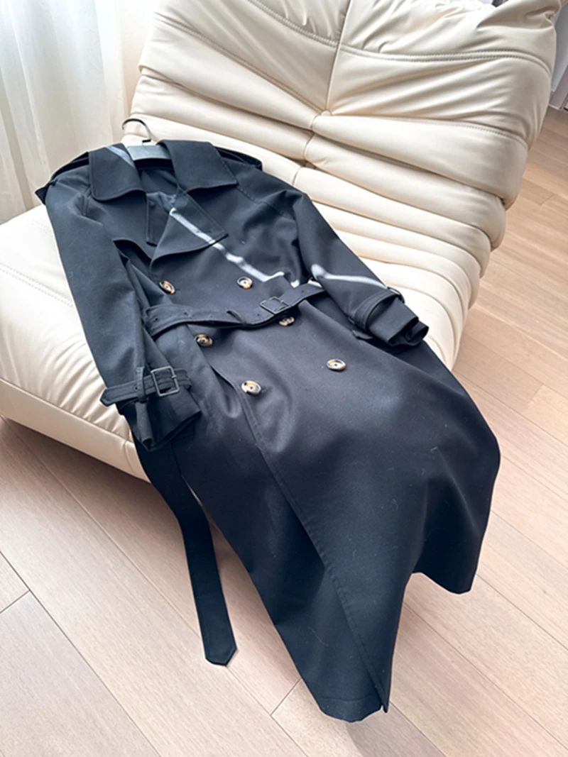 

Bla Korean Sle Commuter Windbreaker Belted Waist Versatile Mid-Length Coat Wide ape High-End Outerwear Autumn Faion