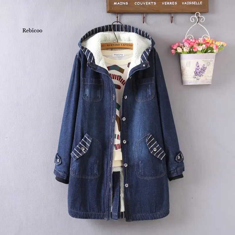 

3XL Women's Denim Clothing Winter Coat Thickened Denim Hooded Lamb Wool Warm Cotton Parka Casual Loose Outwear FC398