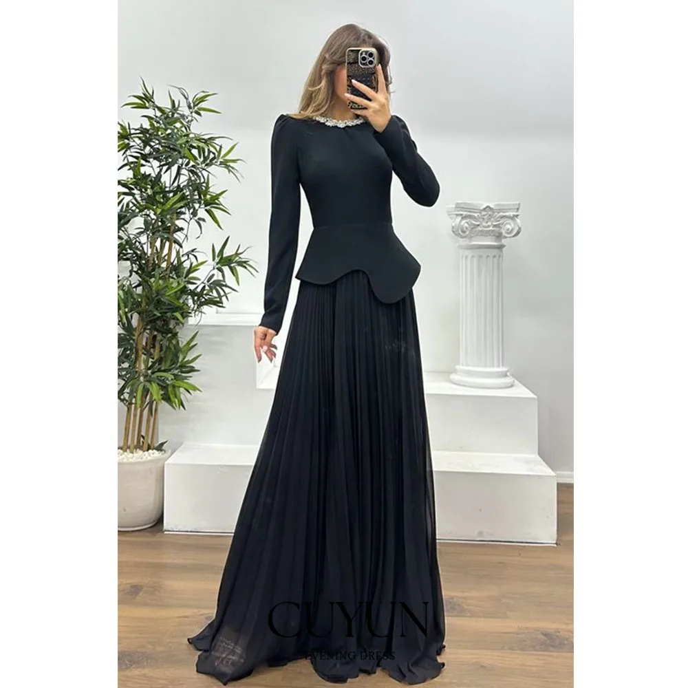 

CUYUN Customized Black Formal Evening Gown 2026 New Long Sleeves Pleated A Line Party Dress Scoop Collar Beading Dinner Gown