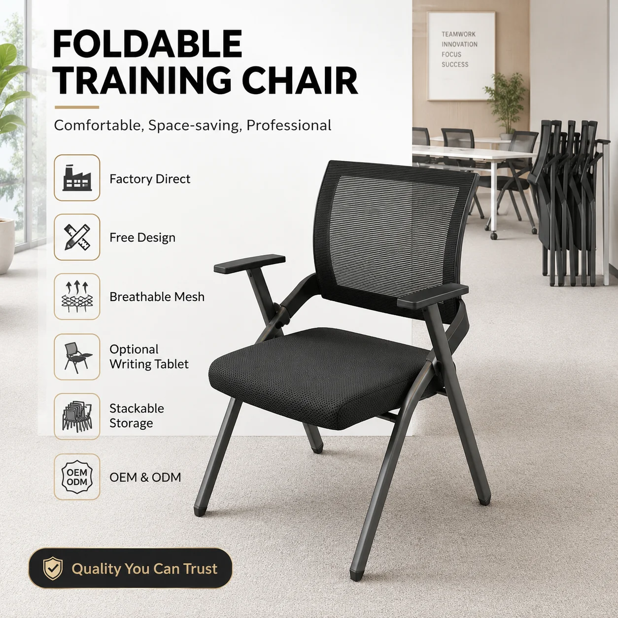 Modern Mesh Fabric Folding Training Chair with Flip-up Writing Tablet Board for Office Conference Classroom Seminar