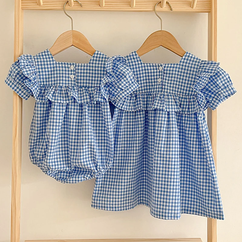 Newborn Toddler Baby Girls Grid Jumpsuit Summer Sweet Baby Girls Short Sleeve Kids Princess Dress Girls Sister Clothes