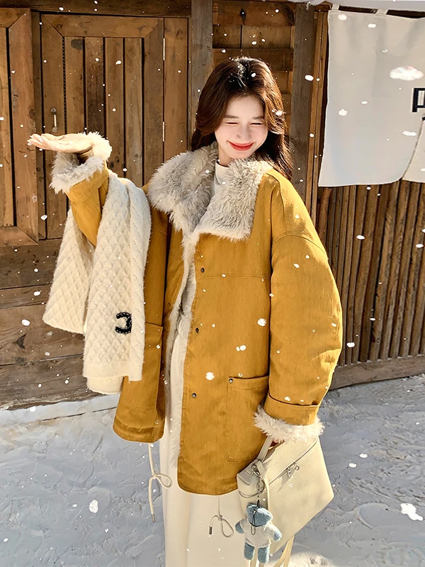 여성용 안감 처리된 따뜻한 양털 자켓 노란색 오렌지색 가을 겨울 신상 한국 스타일 면 의류