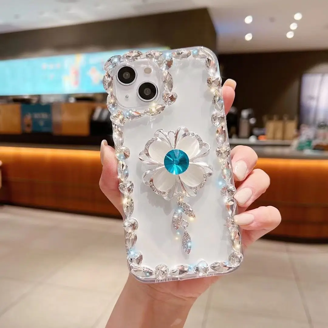 

Прозрачный чехол, роскошный чехол с четырьмя листами клевера, просверленный на корпусе мобильного телефона, чехол для iPhone 16 Pro Max 15, 14, 13, 12, 11 Pro Max