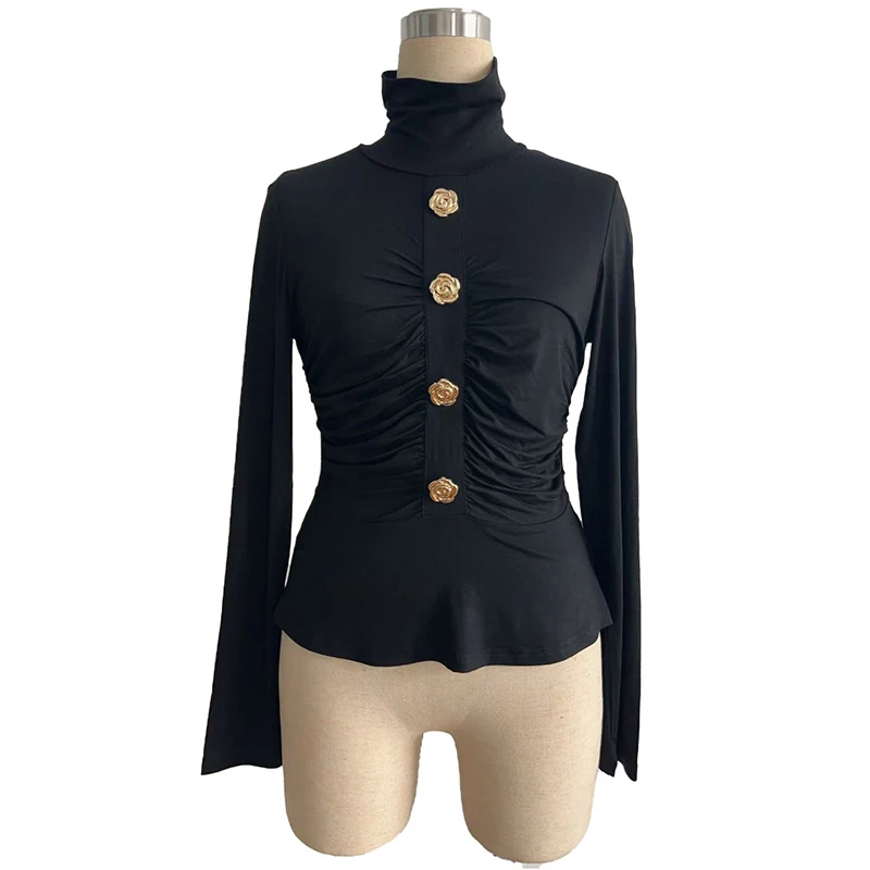 2026,أوروبية، ملابس، خريف، شتاء، تي شيرت، موضة، مثير، الياقة المدورة، روز، زر، ثنيات، كشكشة، نساء، بلايز، كم طويل، تي شيرت، 512009 #3