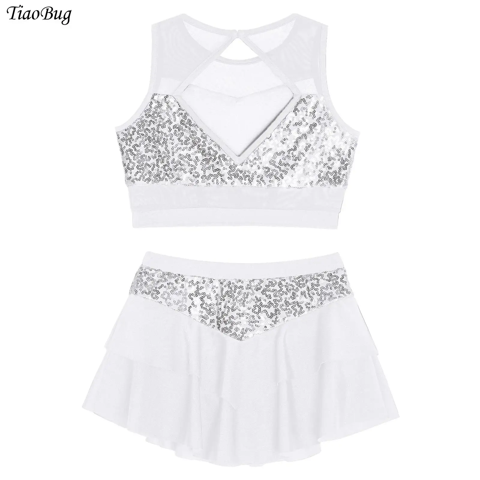 

Детский костюм для джазовых танцев для девочек, без рукавов, из прозрачной сетки, с блестящими пайетками, укороченный топ с многоярусной юбкой, костюм для чирлидинга.