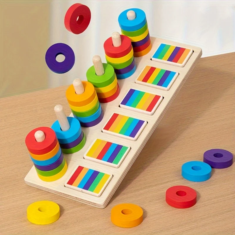 Montessori houten regenboogstapelset |   Kleursortering en geheugen bijpassende pegboard |   Voorschoolse vroege educatie STEM-speelgoed