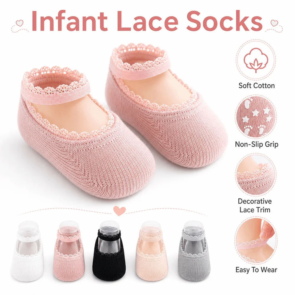 Adorable Solid Color Infant Lace Socks Rubber Soles Breathable Newborn Socks Soft Cotton Anti-slip Baby Socks Summer Baby Wear