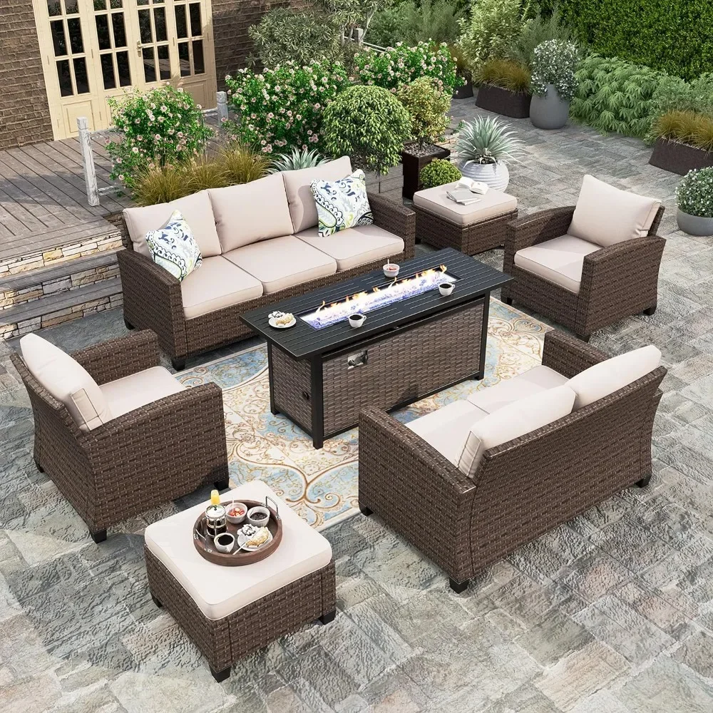 

Garden Furniture 7 Piece Set, Fire Pit Patio Furniture Set, Lover Sofa, 56" Fire Pit Table with Ottoman, Garden Furniture Set