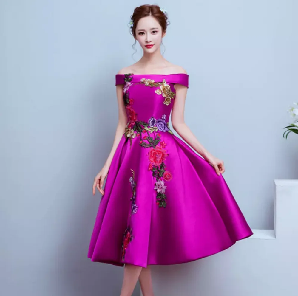 New Arrival Off Shoulder Bridesmaid Dress Embroidery Tea Length Hot Pink Bridal Party Gown With Lace Up Back