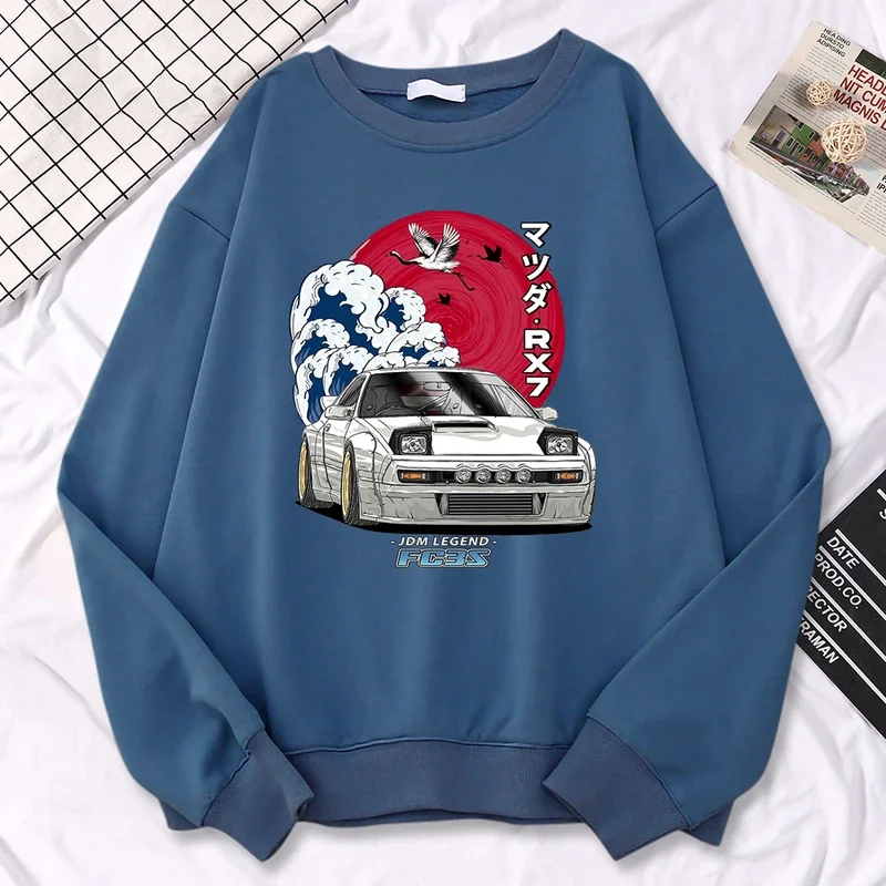 

Simple Street Woman Pullovers Japanese Car Waves Crane Red Sun Print Hoody Loose Soft Sweatshirt Fleece Drop Sleeves Clothes