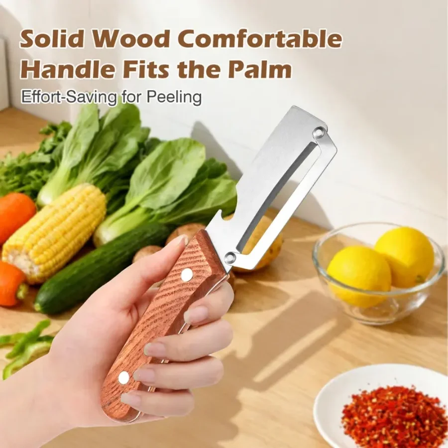 Wooden Handle Multifunctional Vegetable Peeler Stainless Steel Fruit Potato Peeler Effort-Saving Kitchen Tool for Melon Carrot Cucumber Peeling & Bottle Opener