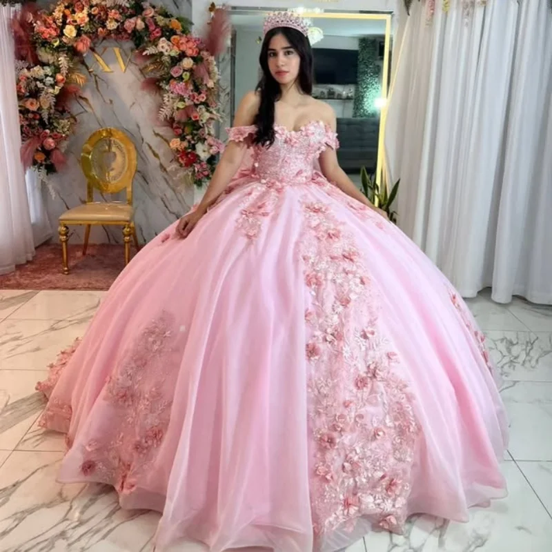 

Customized Pink Quinceanera Dresses Off the Shoulder glitter decal 3D flower Tull Long tail Bow Vestido 15 Quinceanera