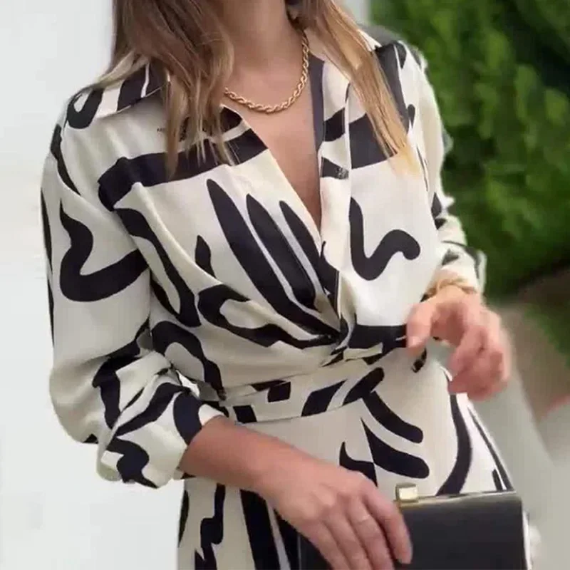 European And American Romper Autumn New Women's Temperament Commuter V-neck Print Loose Wide-leg Long Sleeve Romper