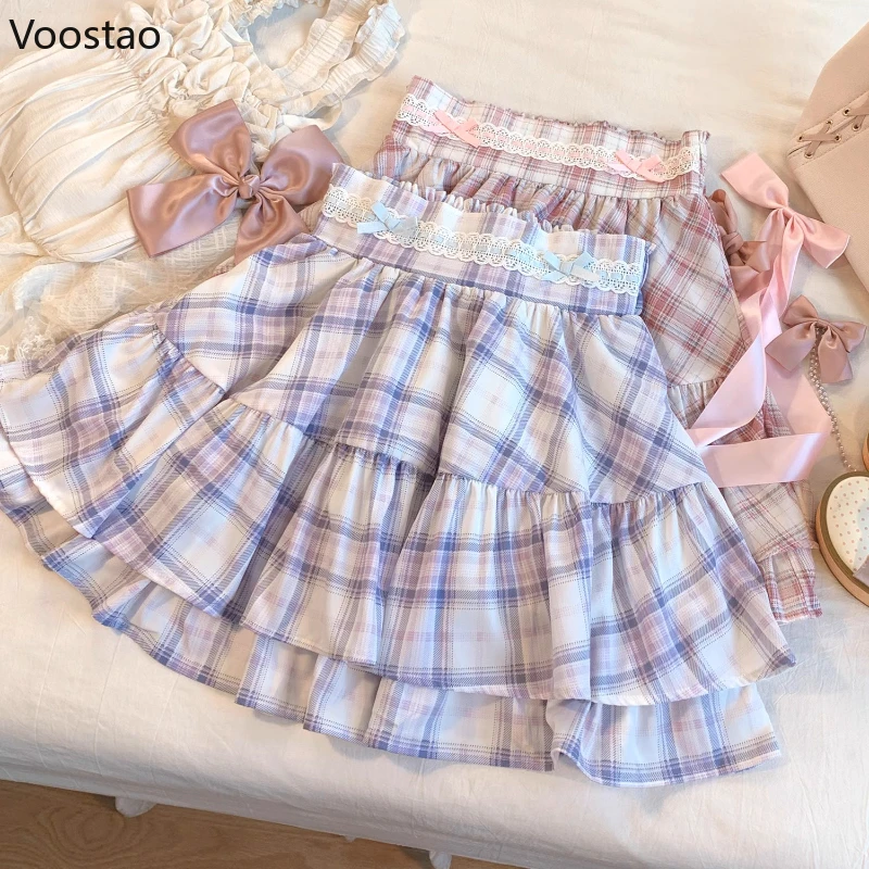 

Japanese Sweet Lolita Style Mini Skirt Women Kawaii Cute Lace Ribbon Bow Plaid Skirt Female Summer Fashion Y2k A-Line Cake Skirt