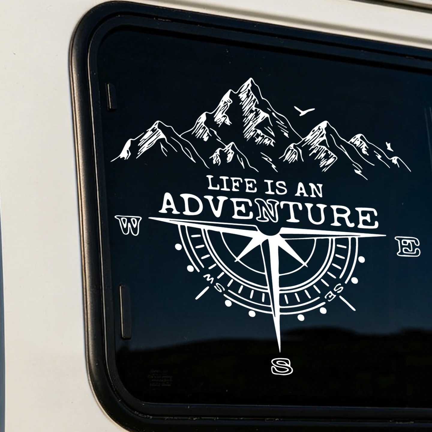 Compass and mountain pattern vinyl sticker, 48cm, car/camper exterior decorative sticker, removable and waterproof.