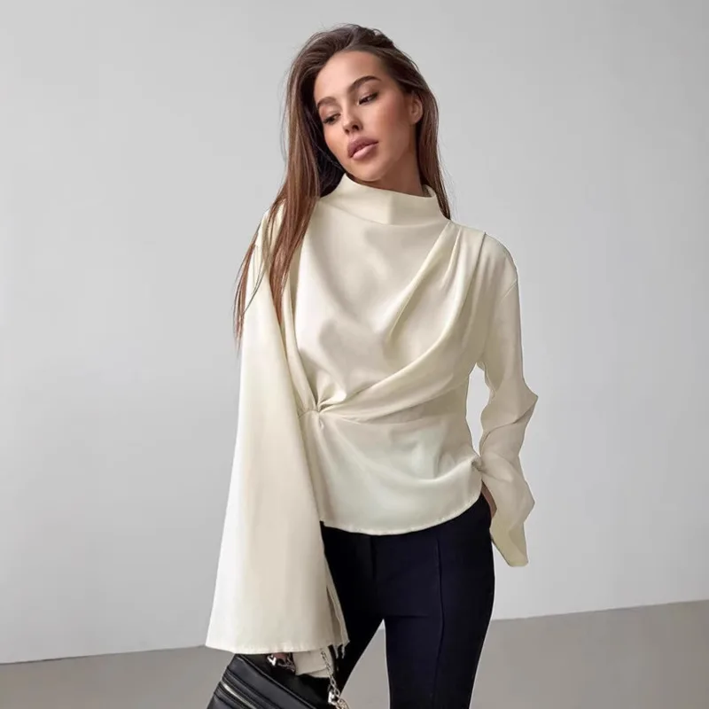 シフォンシャツ女性のためのファッションプリーツ長袖ラウンドネックプルオーバーカジュアルオフィスレディエレガントなブラウススタイリッシュなトップス仕事用