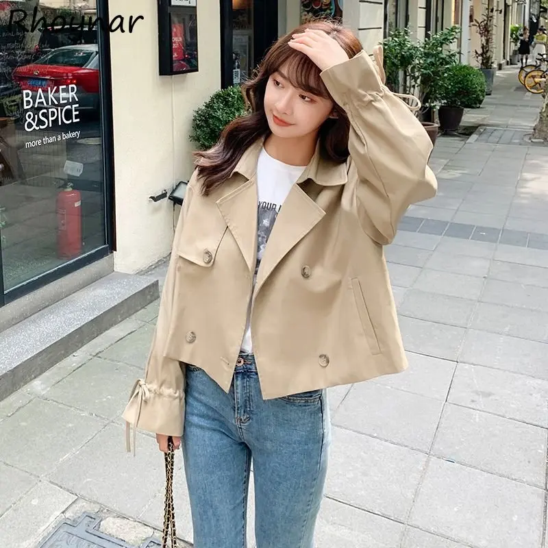 

Cropped Trench Women Coats Elegant Baggy Temper S-3XL Vintage Notched Double Breasted Windproof Long Sleeve Spring Kpop Fashion