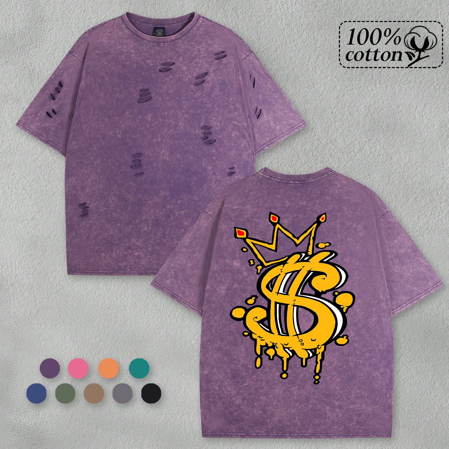 

Мужские футболки с отверстиями и узором в виде долларовой короны, модные хлопковые креативные свободные мягкие топы с короткими рукавами, универсальная одежда с круглым вырезом