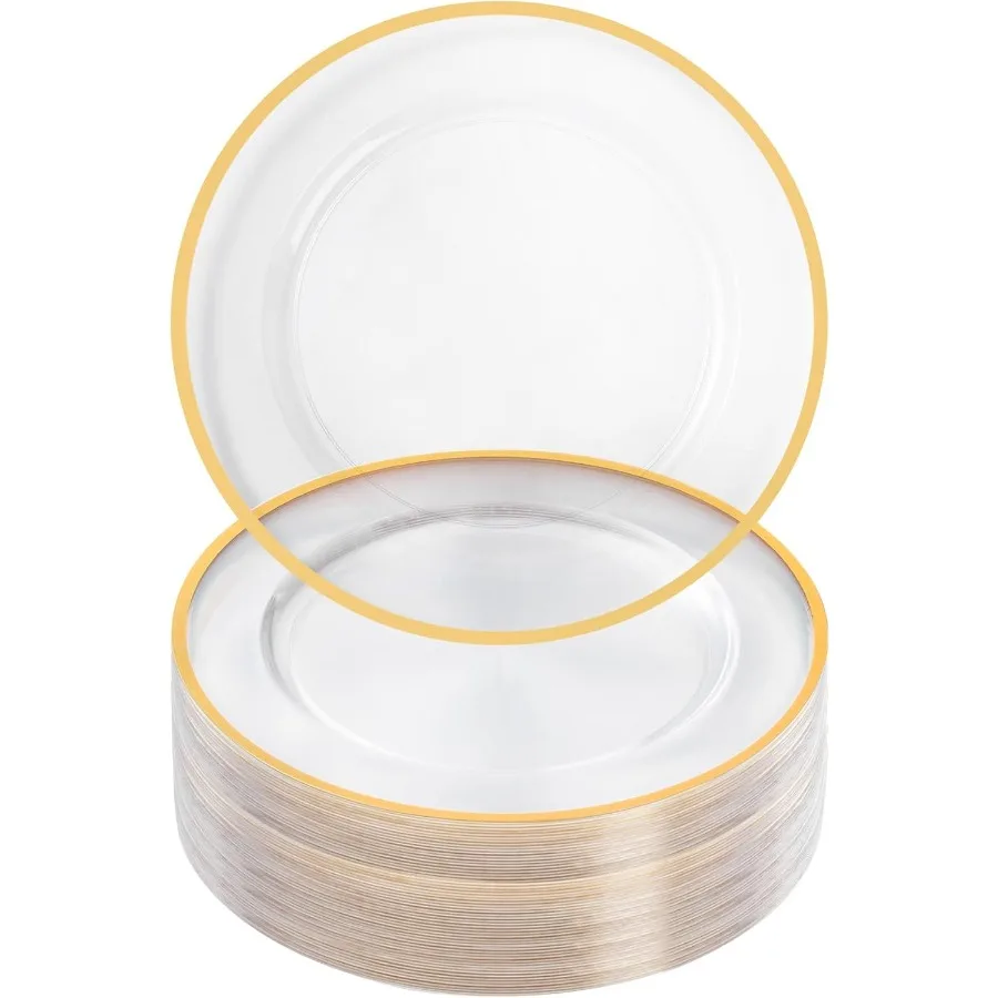 

12 Inch Charger Plates 50 Pack Clear Charger Plates with Gold Trim Plastic Charger Plate Bulk for Dinner Wedding Party Event De